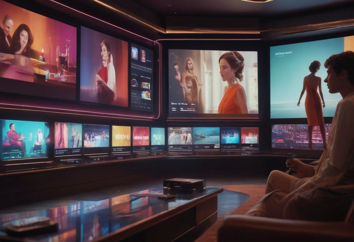 A sleek, modern interface filled with vibrant thumbnails of diverse, stylishly-dressed adults, showcasing a range of high-quality entertainment options. Aesthetic lighting enhances the allure, with subtle hints of luxury and sophistication. Film reels and digital screens embedded in the background. super-realistic. vibrant colors. elegant design.