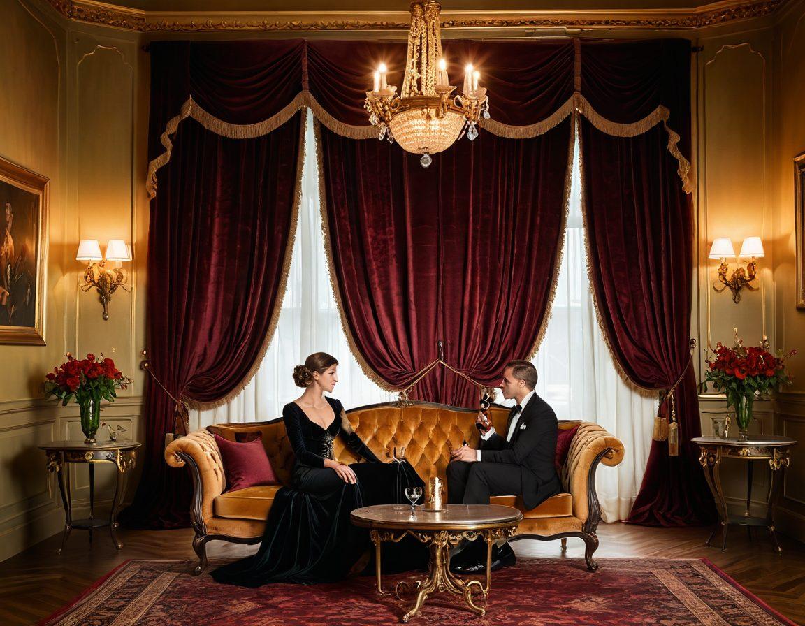 A lush, dimly lit room with elegant drapes, a plush velvet sofa, and a vintage lamp casting a warm glow. Silhouettes of a couple sharing an intimate moment - a blend of sensuality and sophistication. Include subtle elements like fine wine glasses and silk fabrics to suggest luxury. Art Nouveau style. rich, warm colors.